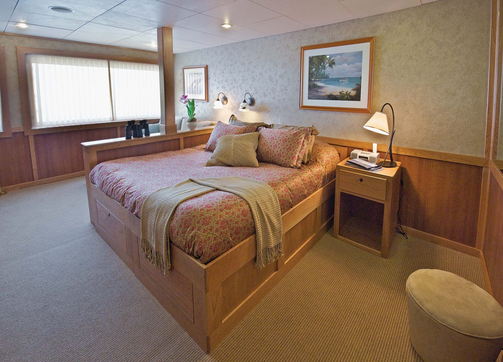 A stateroom on a small cruise ship
