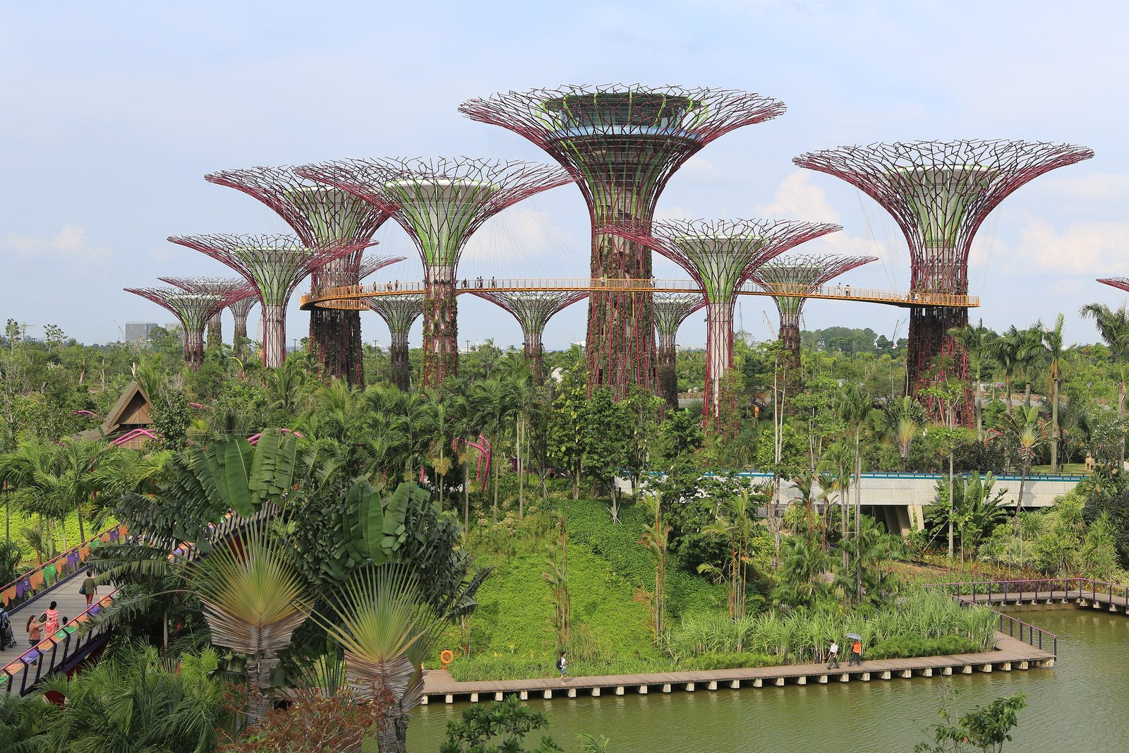 Die hohen Stahl-Supertrees des Supertree Grove in Gardens by the Bay, bewachsen mit Kletterpflanzen