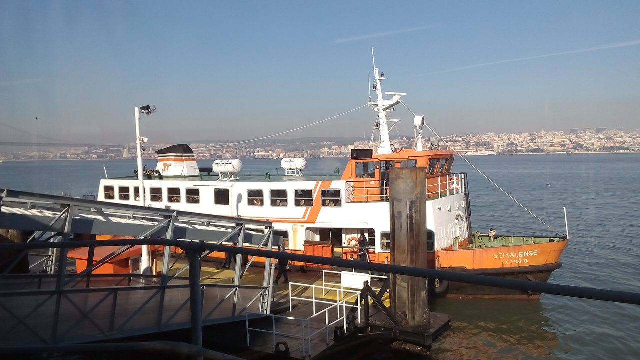 The Seixalense ferry on the Tagus at Cacilhas, with Lisbon across the river